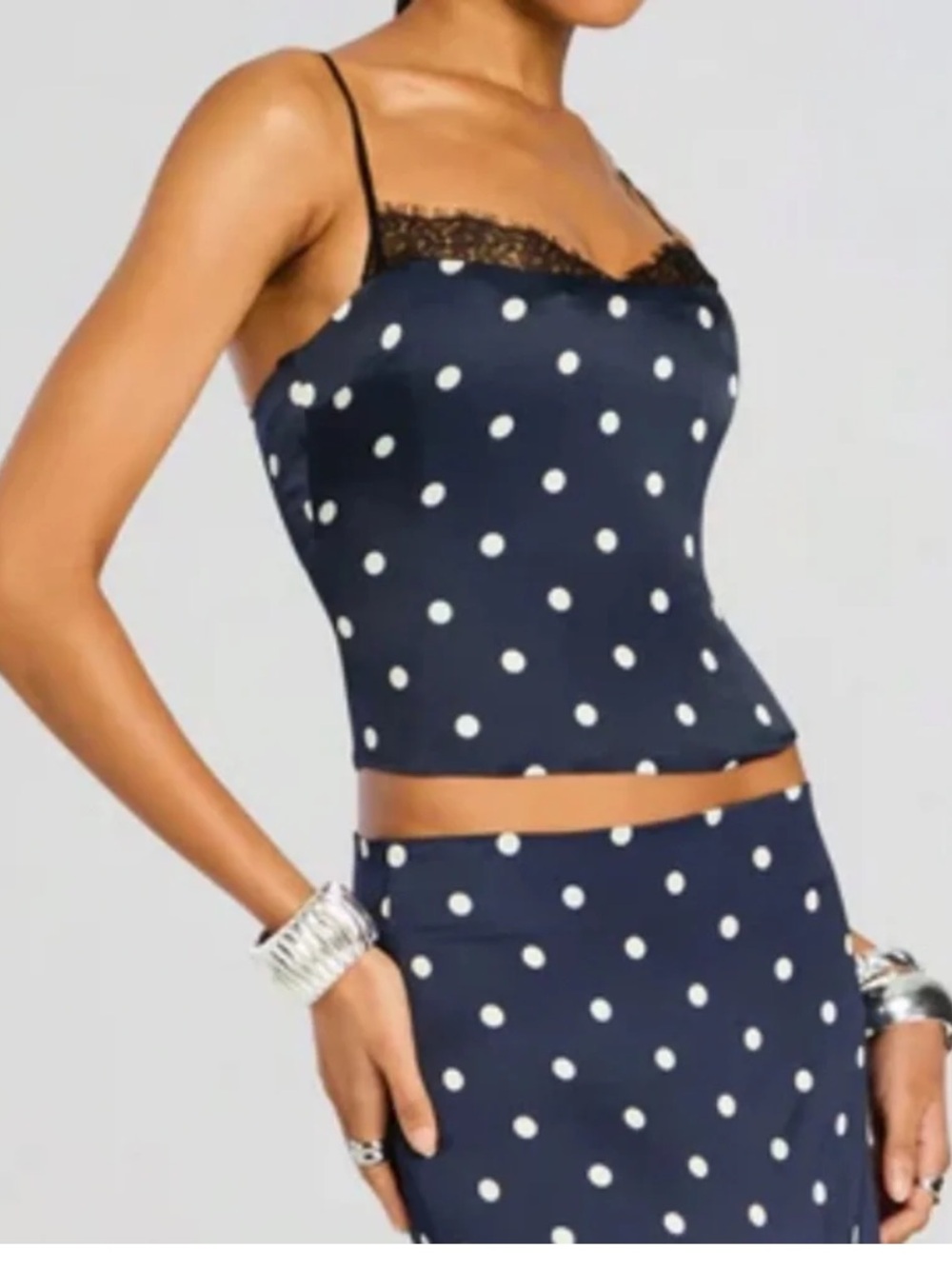 Retrofete Navy & White Polka Dot brookelynn Corset top Maxi Set Darla skirt - Picture 4 of 16